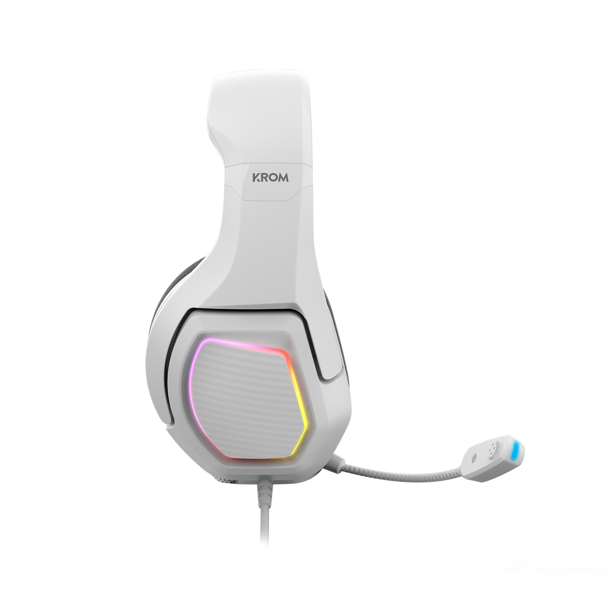 Weißes Gaming-Headset mit bunten Lichtern und Mikrofon.