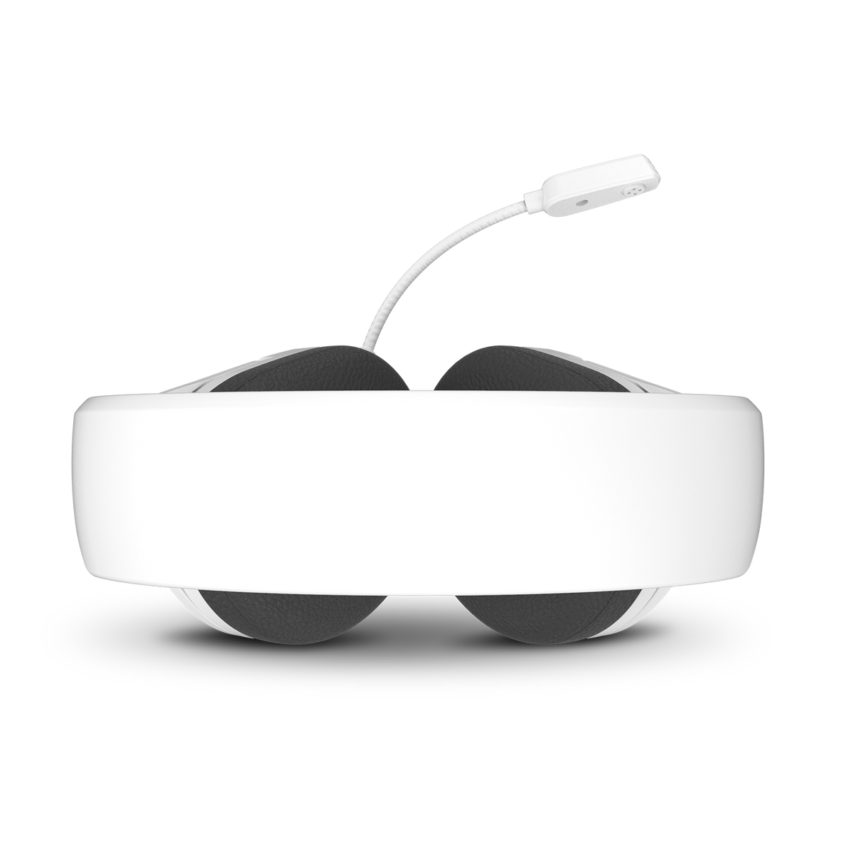 Draufsicht auf ein weißes VR-Headset mit Mikrofon.