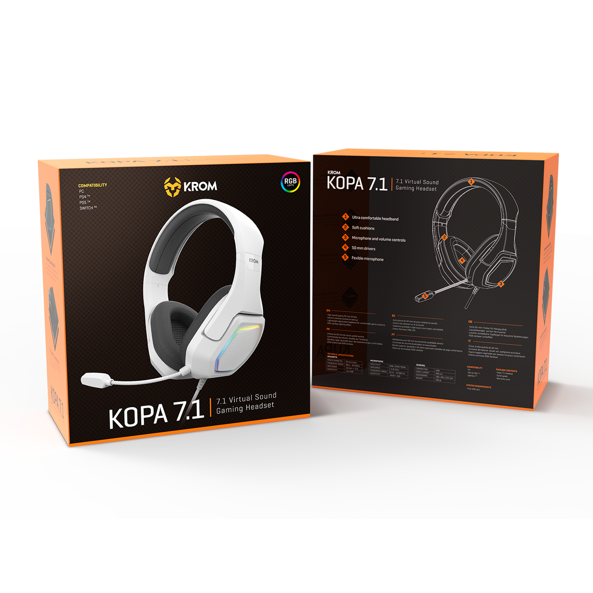 Zwei Kartons des KROM Kopa 7.1 Virtual Sound Gaming Headset, einer zeigt das Headset.