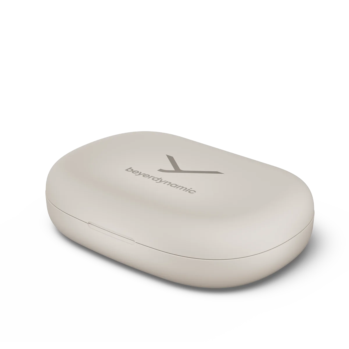 Beżowe, owalne, zamknięte etui na słuchawki z logo 'beyerdynamic'.