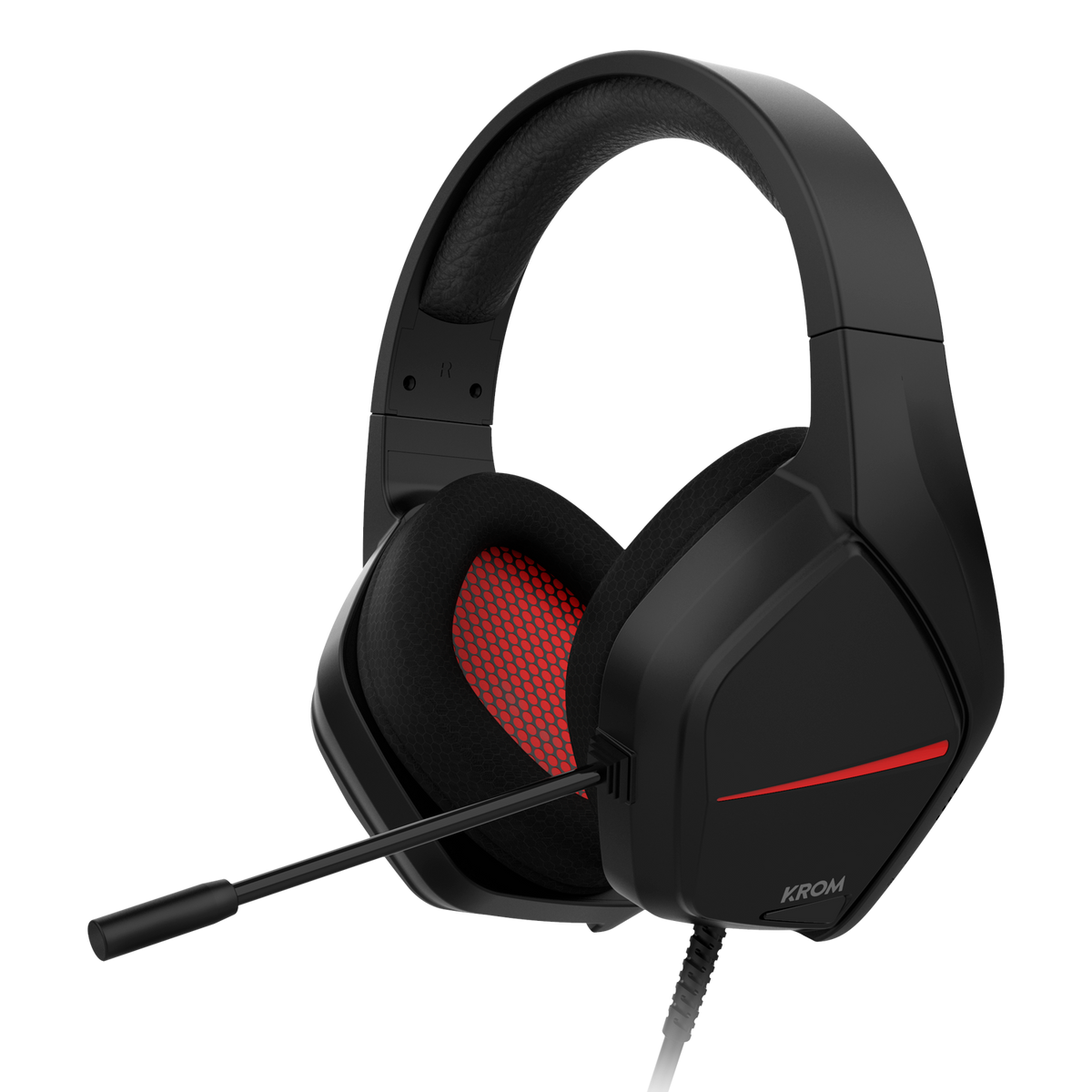 Czarne słuchawki dla graczy z czerwonymi akcentami i mikrofonem, na ciemnym tle.