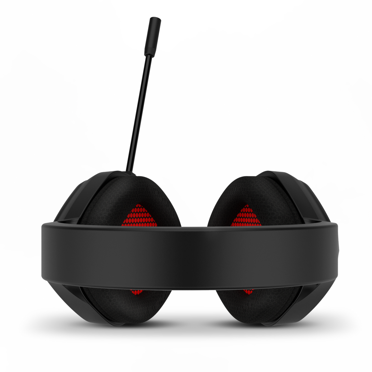 Czarny zestaw słuchawkowy, czerwone nauszniki z siatki i mikrofon. Tło jest szare.