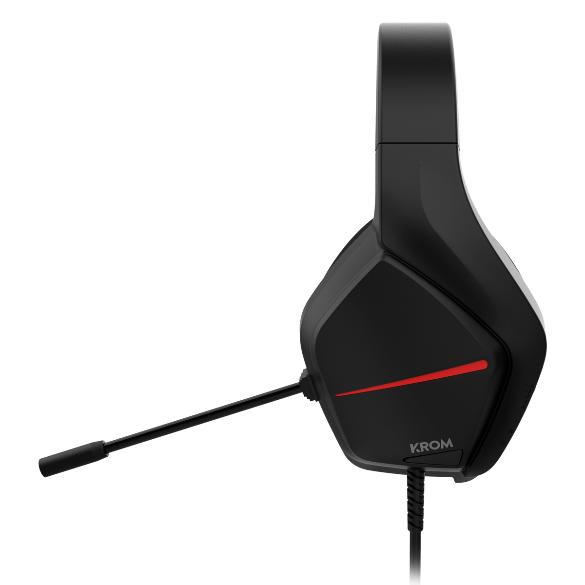 Czarny zestaw słuchawkowy z czerwonym paskiem na słuchawce i mikrofonem.