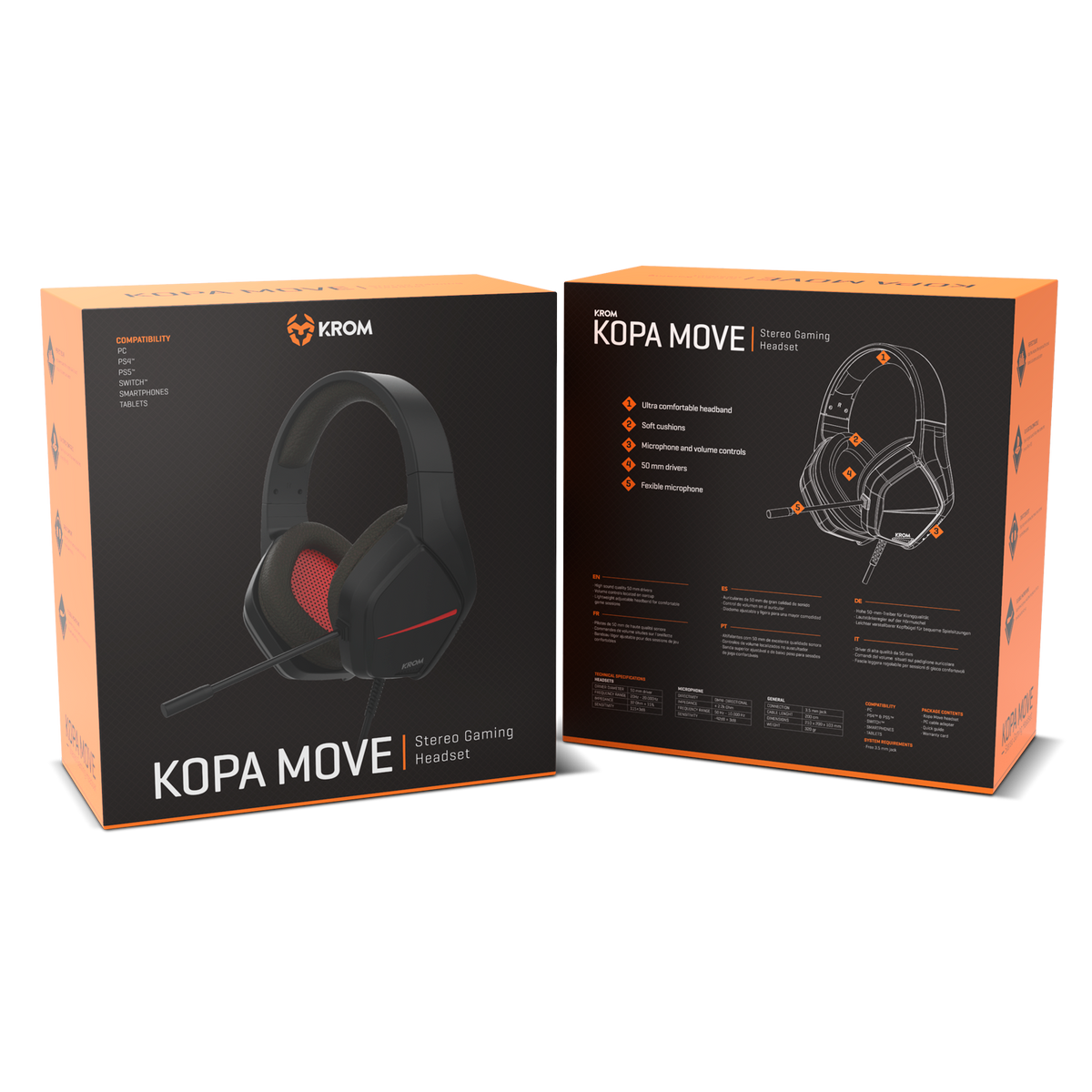 Pudełko słuchawek, marka Krom. Obraz słuchawek na pudełku. Pomarańczowy i czarny.