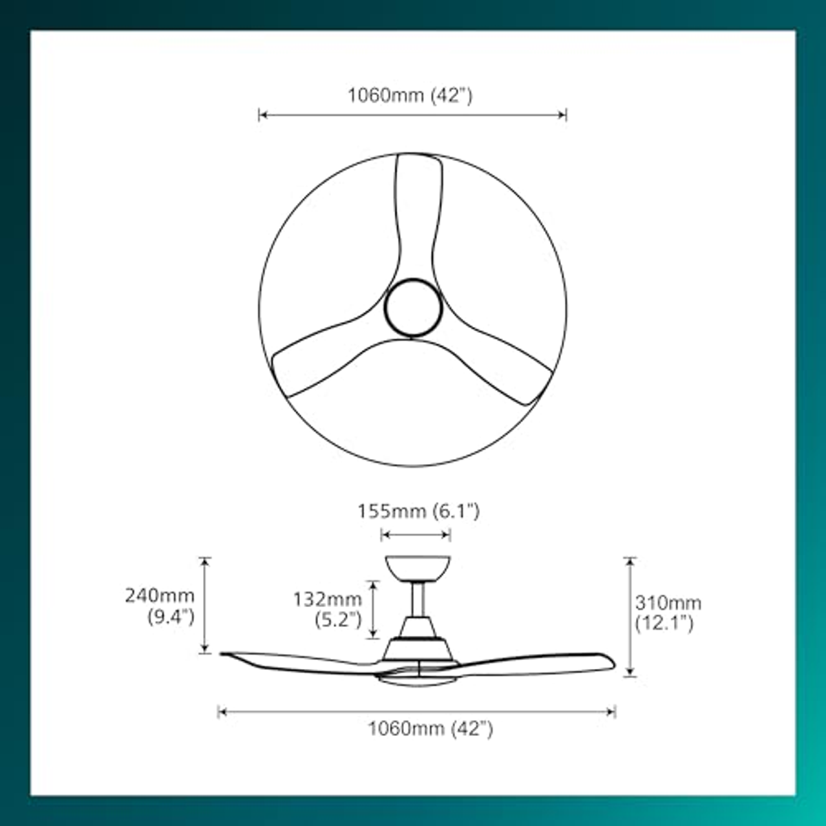 Diagrama de un ventilador de techo con medidas, incluyendo la envergadura de las aspas y la altura.