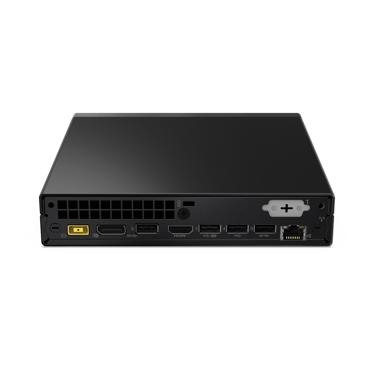 Czarny mini PC z portami i żółtym logo Lenovo. Pokazano tył urządzenia.