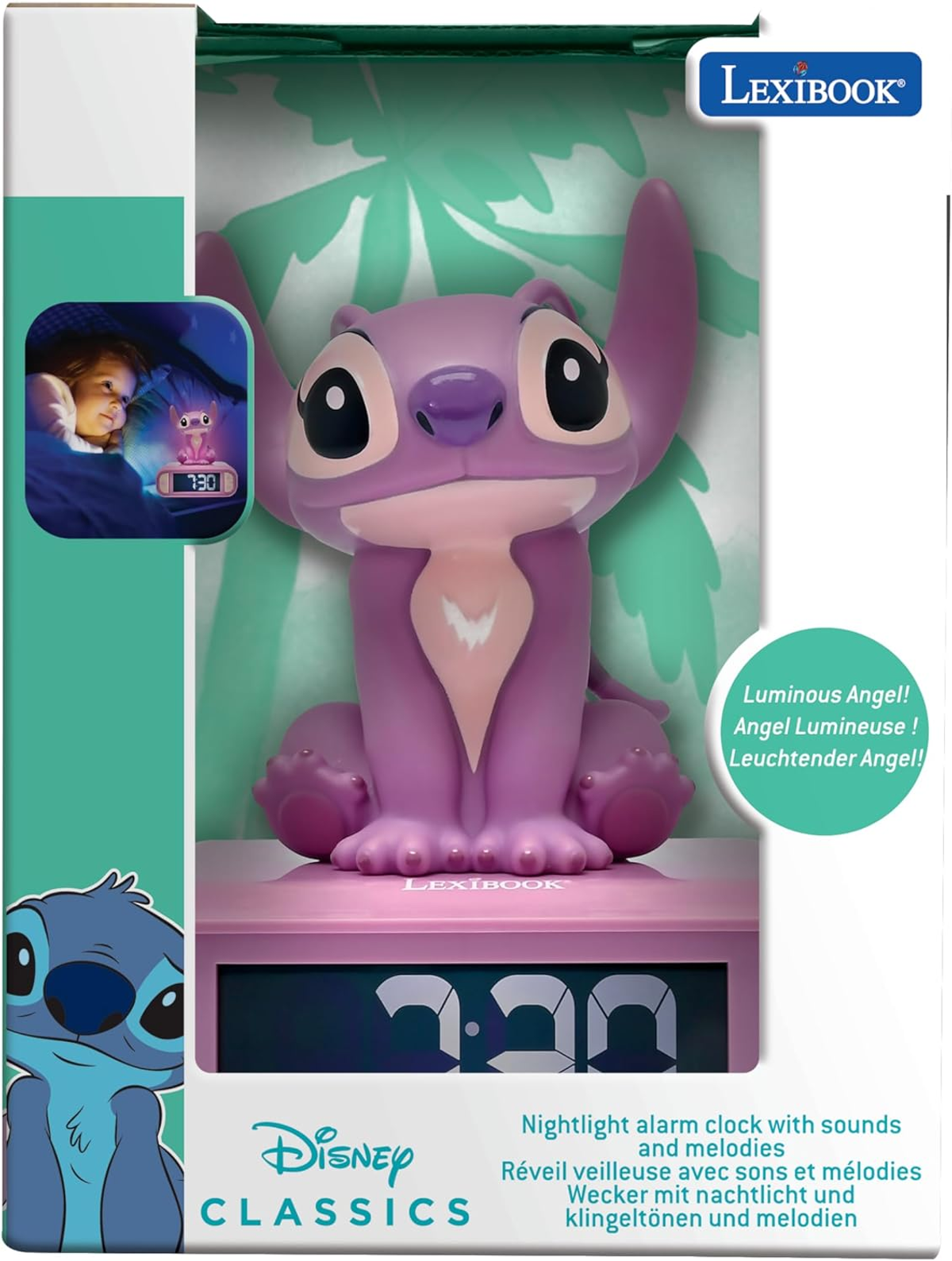 Un réveil veilleuse Stitch de Disney dans une boîte. L'horloge affiche l'heure. La boîte a une image de Stitch.