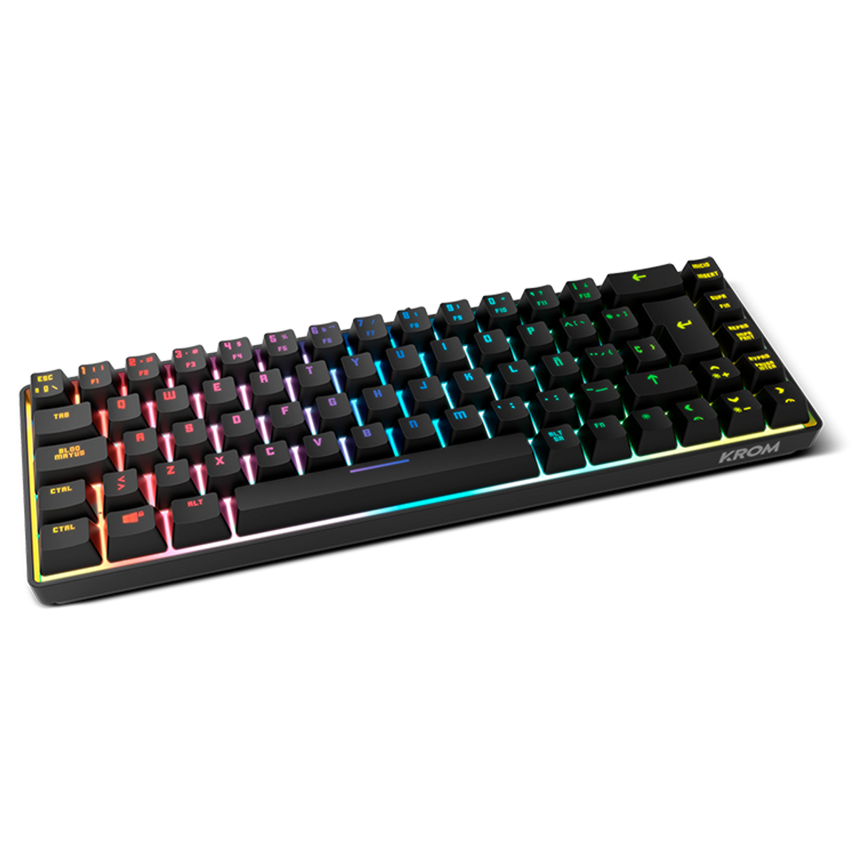 Teclado negro con teclas retroiluminadas arcoíris. Logo 'KROM' visible.