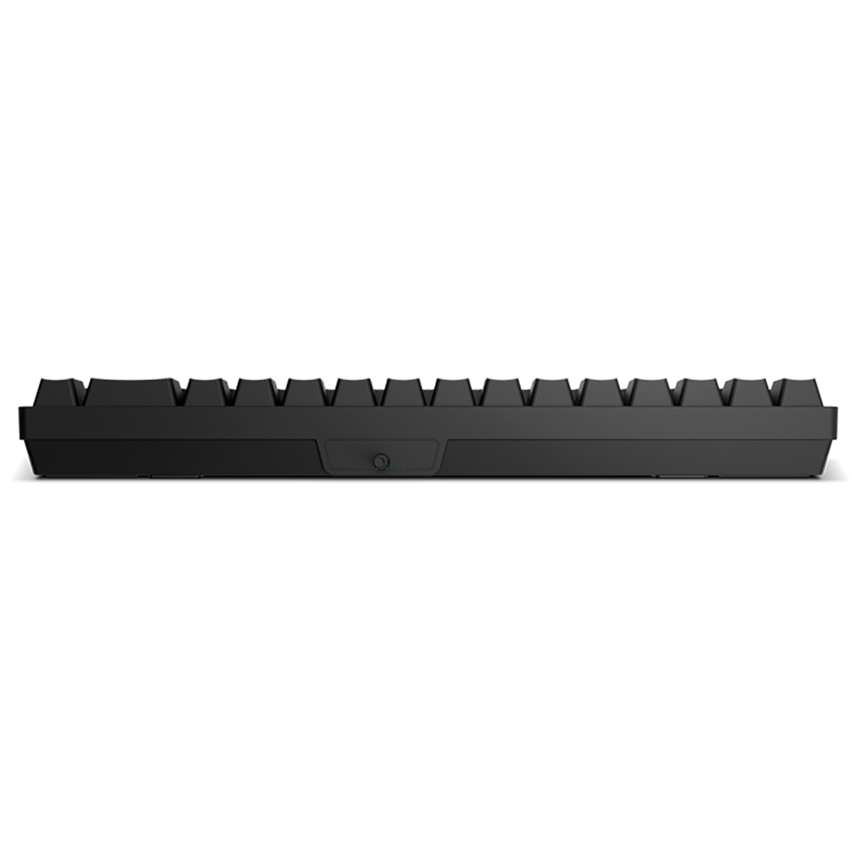 Teclado negro con diseño minimalista, vista recta desde abajo.