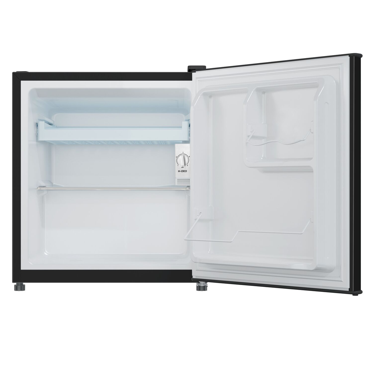 Un mini-frigorifero nero con la porta aperta. L'interno è bianco, con ripiani e un quadrante della temperatura.