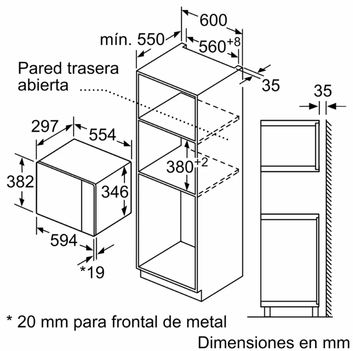 Schemat szafki z wymiarami w milimetrach do wbudowanej kuchenki mikrofalowej.