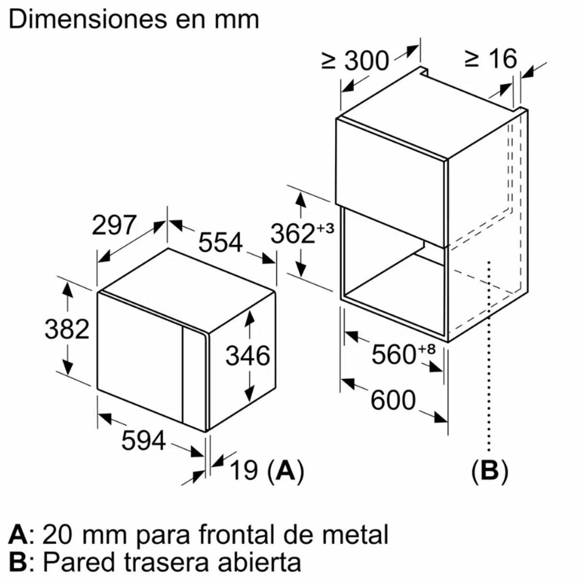 Schemat wymiarów urządzenia kuchennego. Białe tło.