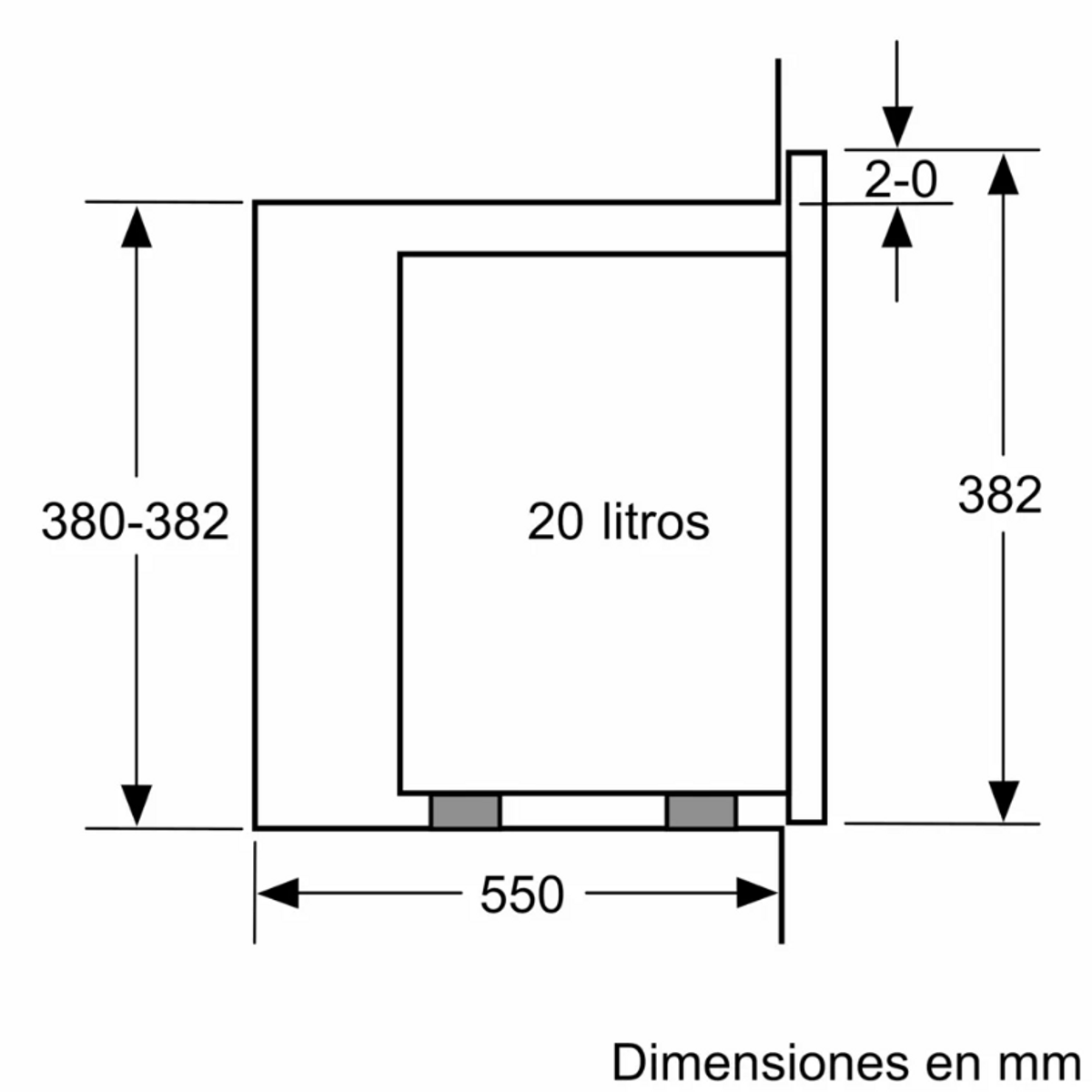 Schemat pokazujący wymiary prostokątnego obiektu. Wymiary w mm: 380-382 wysokie, 550 szerokie, 2-0 grubości.