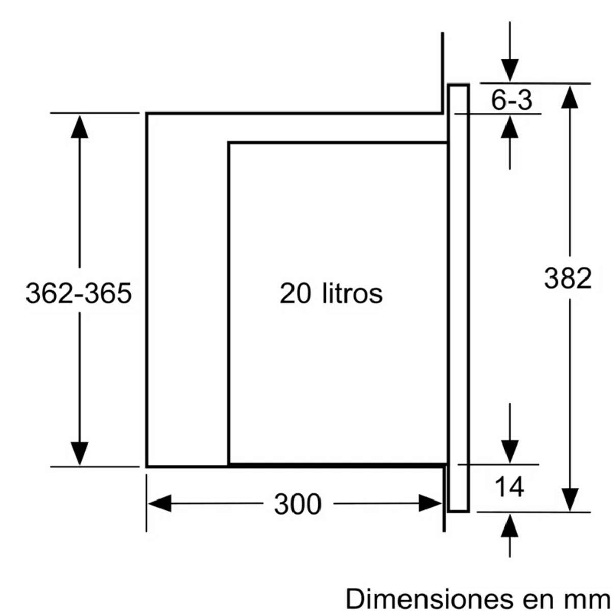Diagram z wymiarami w mm. Pudełko z 20 litrami, wymiary 362-365, 300, 382, 6-3, 14.