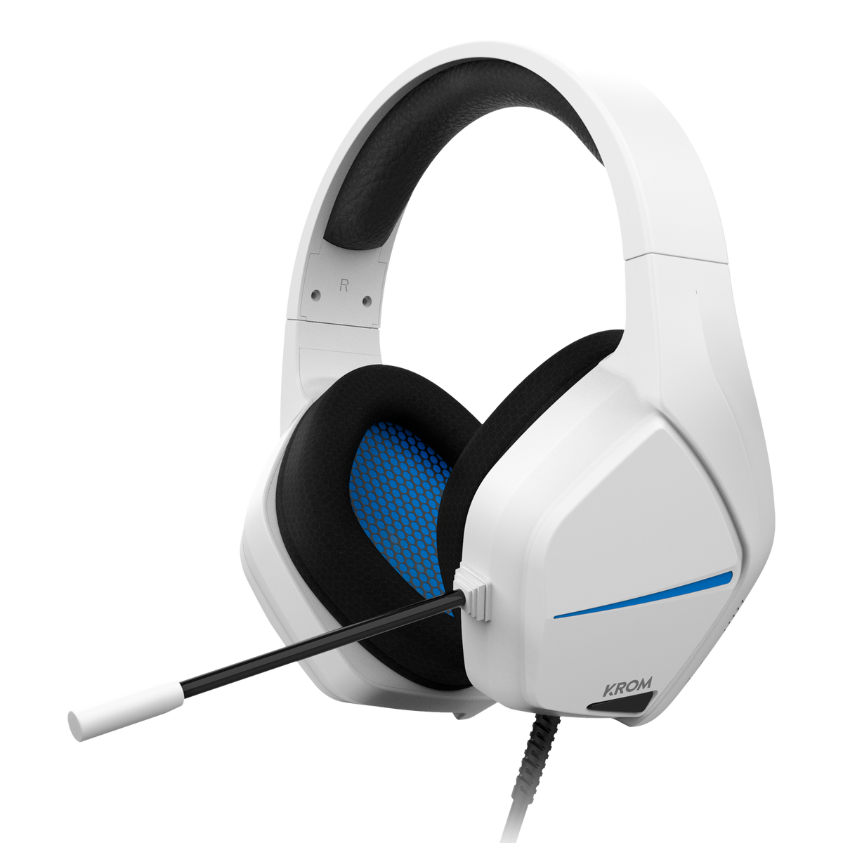 Biały zestaw słuchawkowy do gier z niebieskim akcentem i mikrofonem.