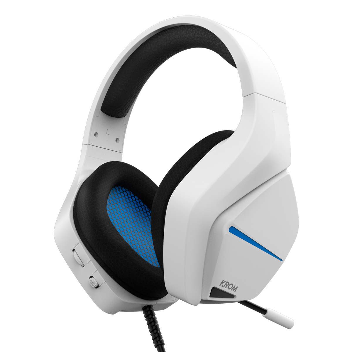 Biały zestaw słuchawkowy dla graczy, niebieskie akcenty, czarny kabel. Czarne tło.