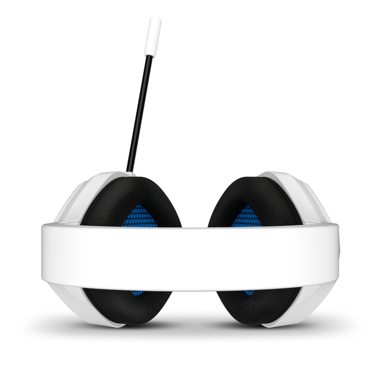 Biały zestaw słuchawkowy dla graczy z mikrofonem, czarne nauszniki z niebieskimi akcentami. Czarny.