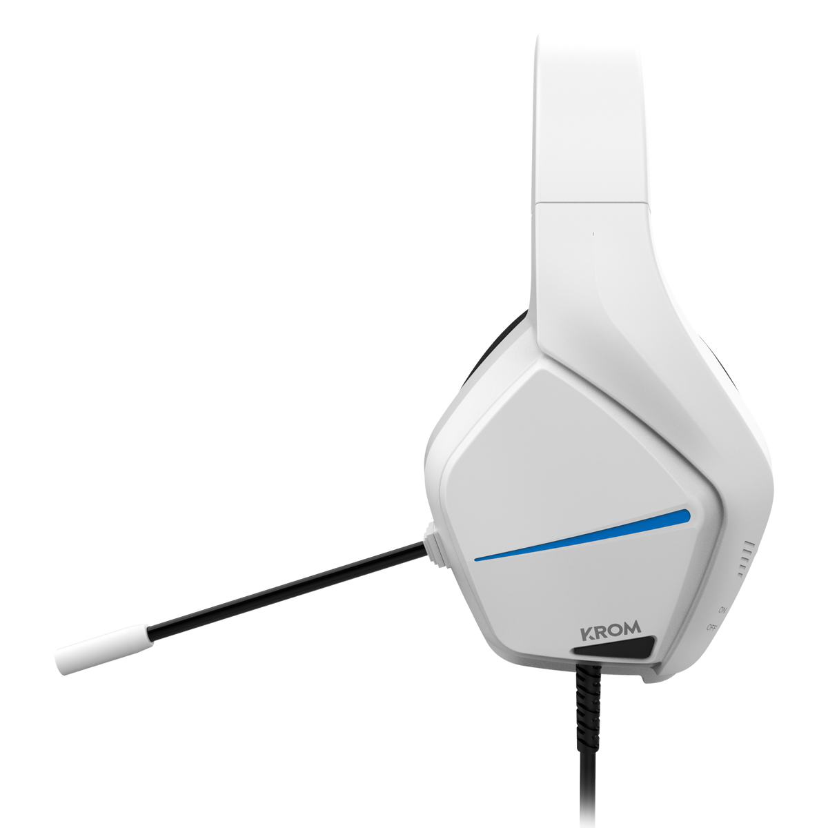 Biały zestaw słuchawkowy dla graczy z czarnym mikrofonem. Zestaw słuchawkowy ma niebieski akcent z boku.