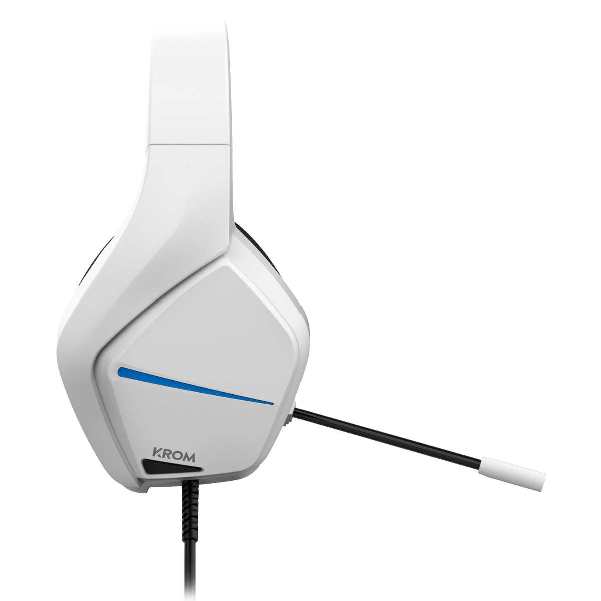 Białe słuchawki dla graczy z czarnym mikrofonem. Widok pod kątem na czarnym tle.