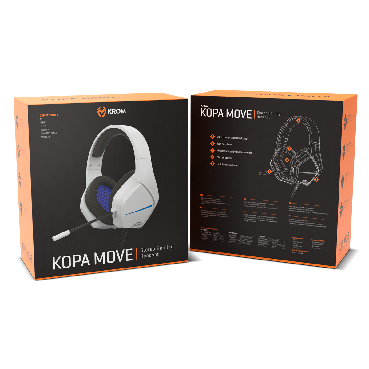 Pudełko z zestawem słuchawkowym z białym zestawem słuchawkowym. Tekst na pudełku.