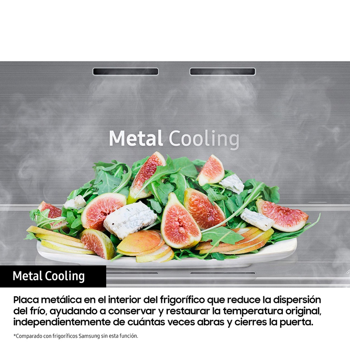 Teller mit Feigen, Käse und Grünzeug im Kühlschrank. Text Metallkühlung steht oben.