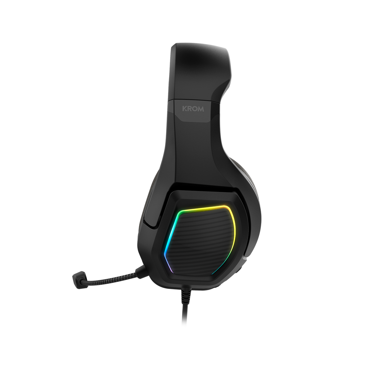 Cuffie da gioco nere con microfono e illuminazione RGB sui padiglioni. Sfondo nero.