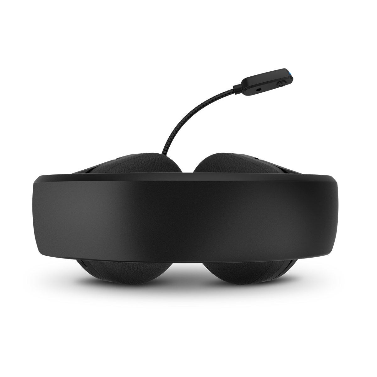 Cuffie nere over-ear con microfono. Sfondo nero.