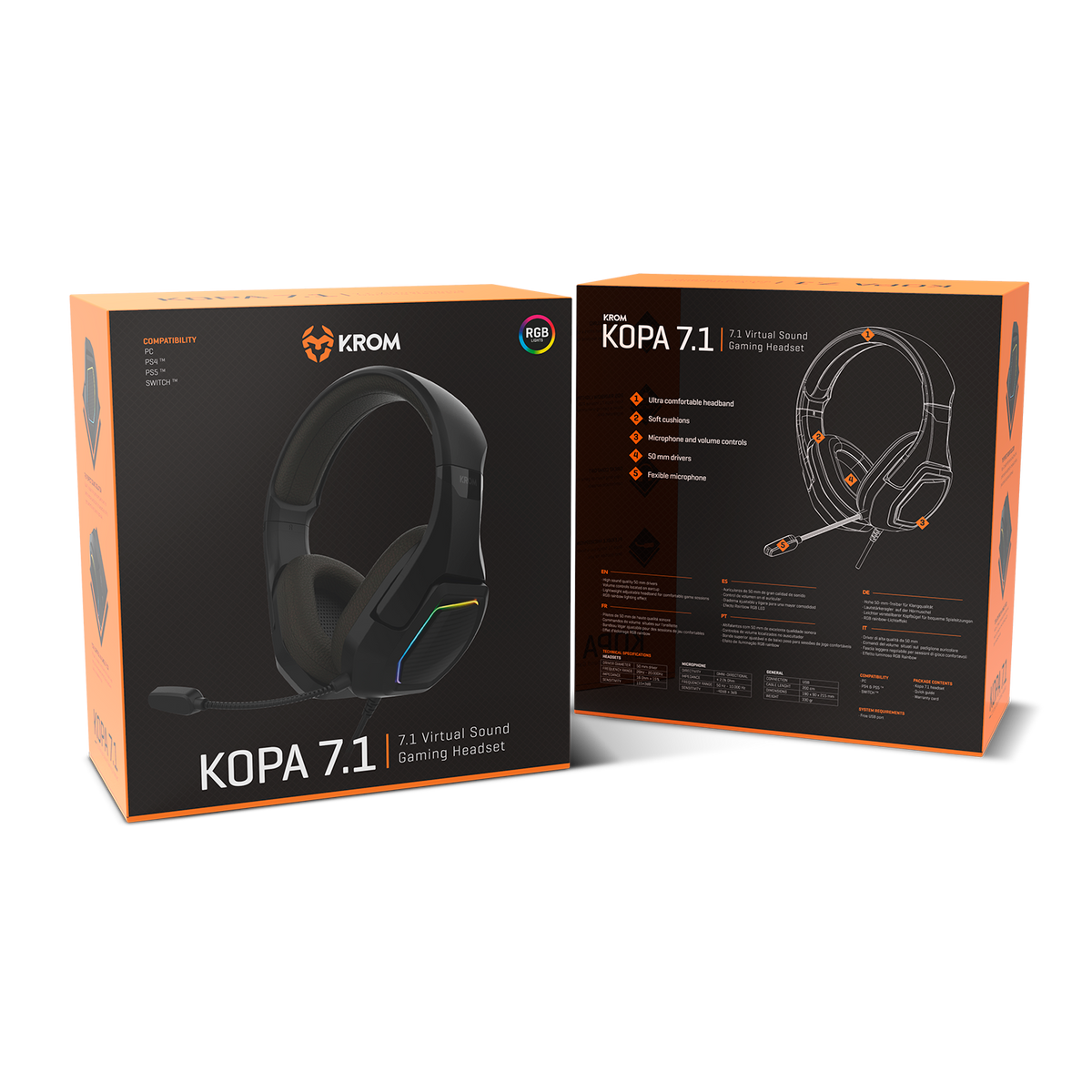 Scatola delle cuffie con immagine delle cuffie e testo KROM KOPA 7.1, 7.1 Virtual Sound Gaming Headset.