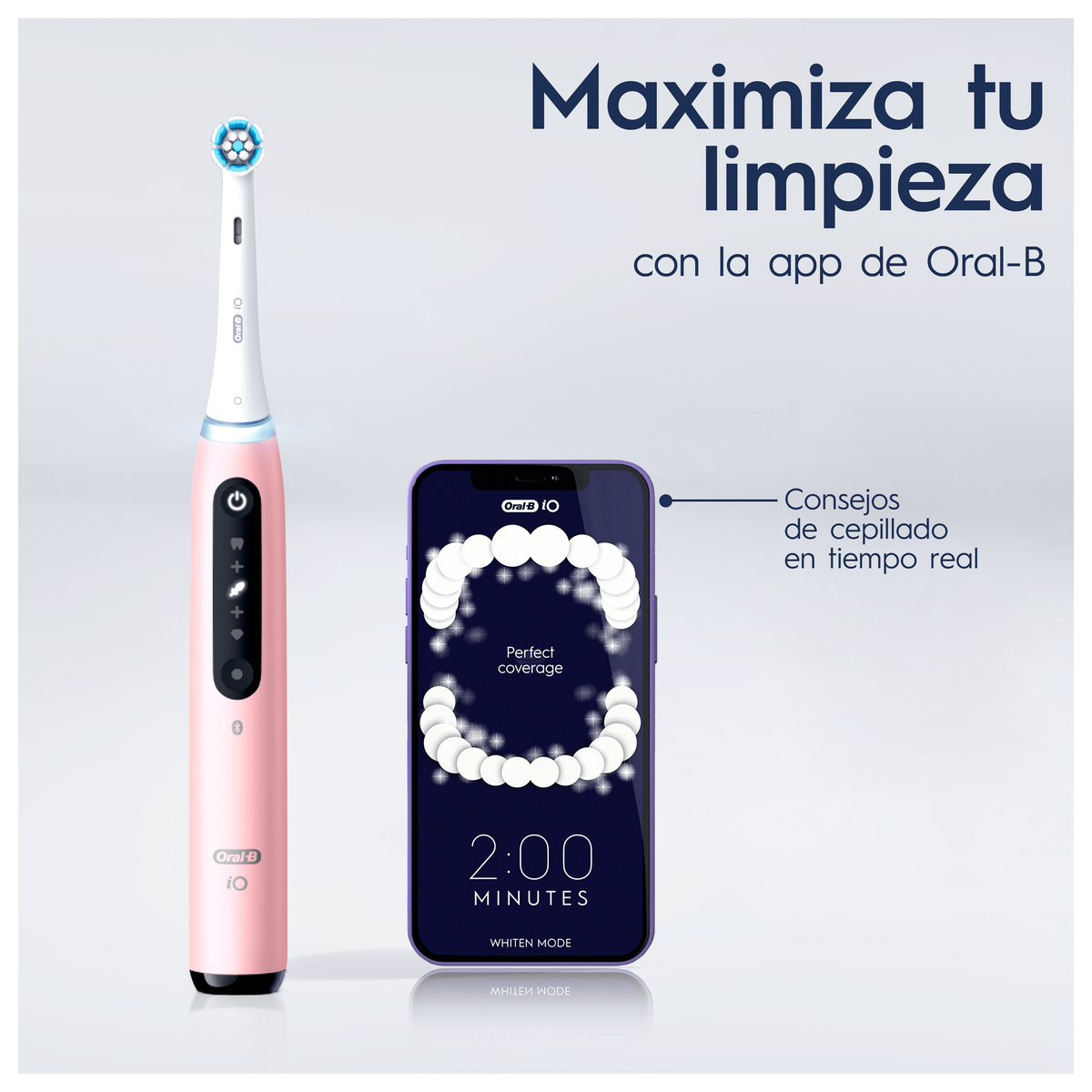 Uno spazzolino elettrico e uno smartphone che mostra consigli per l'igiene orale e un timer.