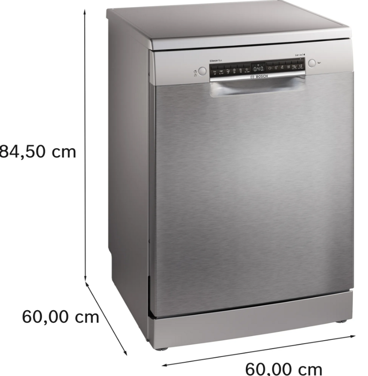 Srebrna zmywarka z wymiarami z boku, na białym tle.
