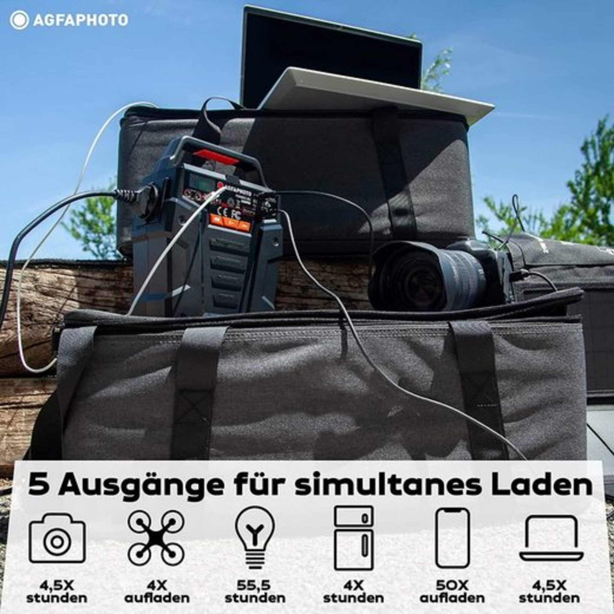 Powerstation mit Kabeln, Kamera, Laptop und Taschen, mit Text, der Ausgänge zum Laden von Geräten zeigt.