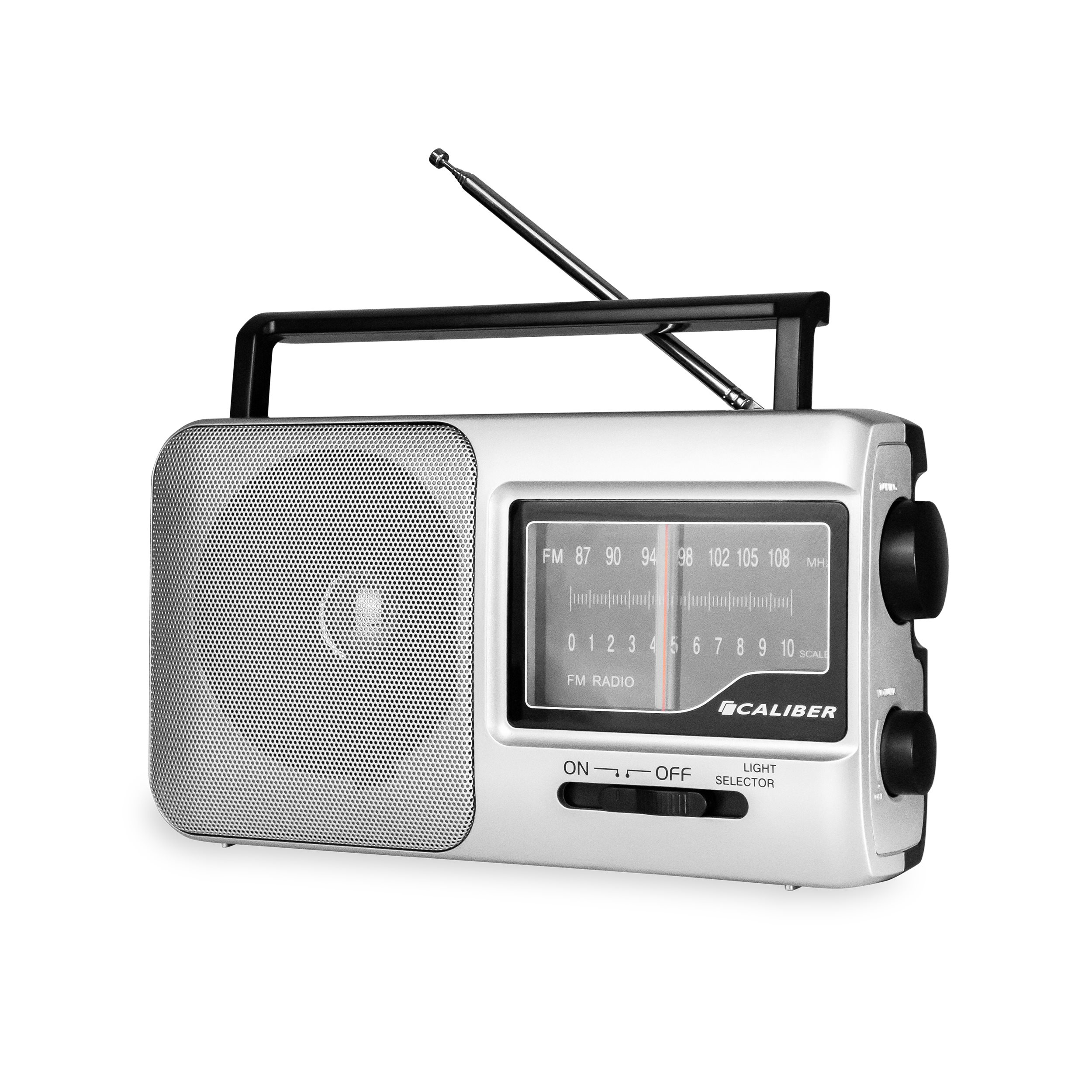 Silver retro radio with black handle, antenna, and control dials on a white background, showing FM radio scale.