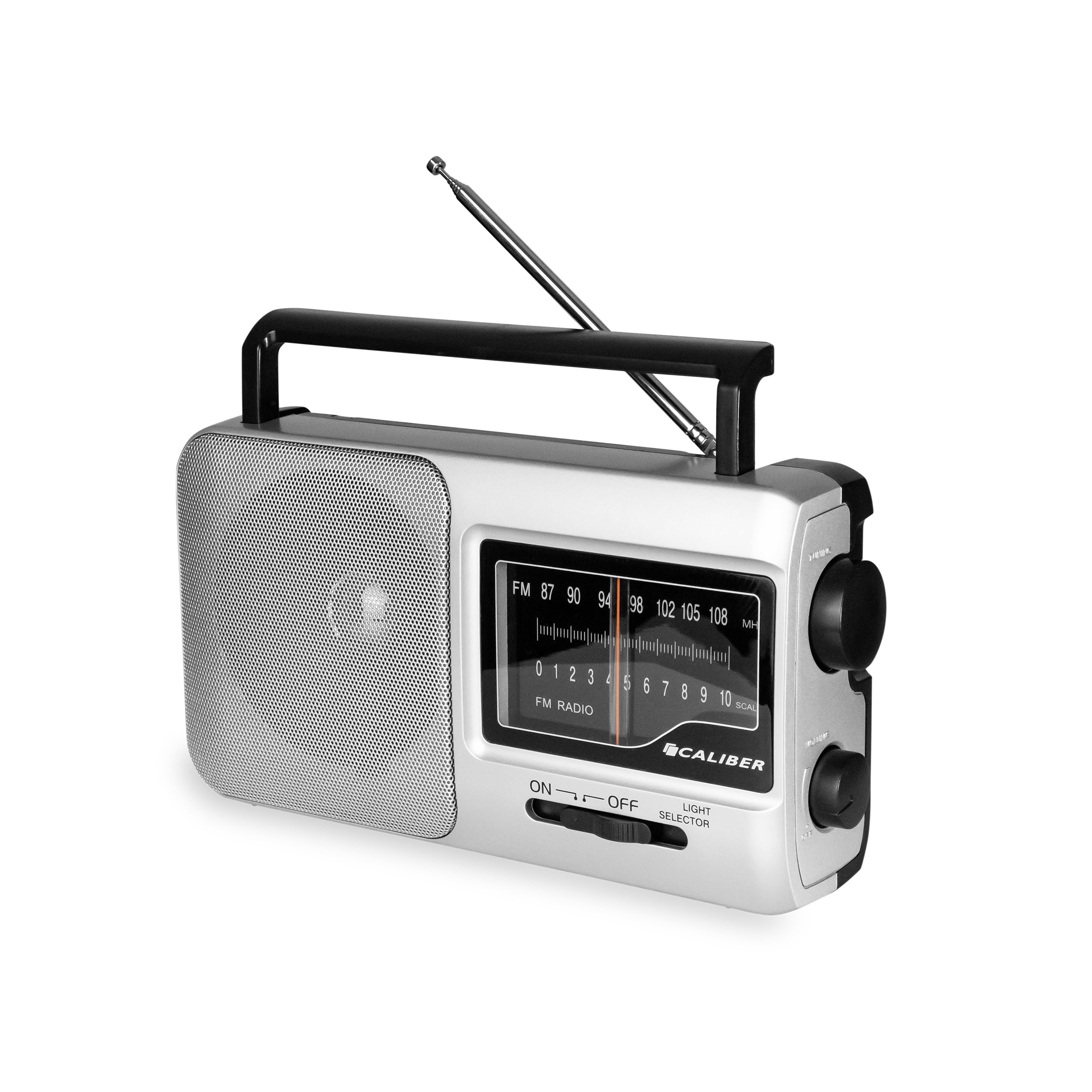 Silver radio with black handle, antenna, and dials. It has an FM radio scale.