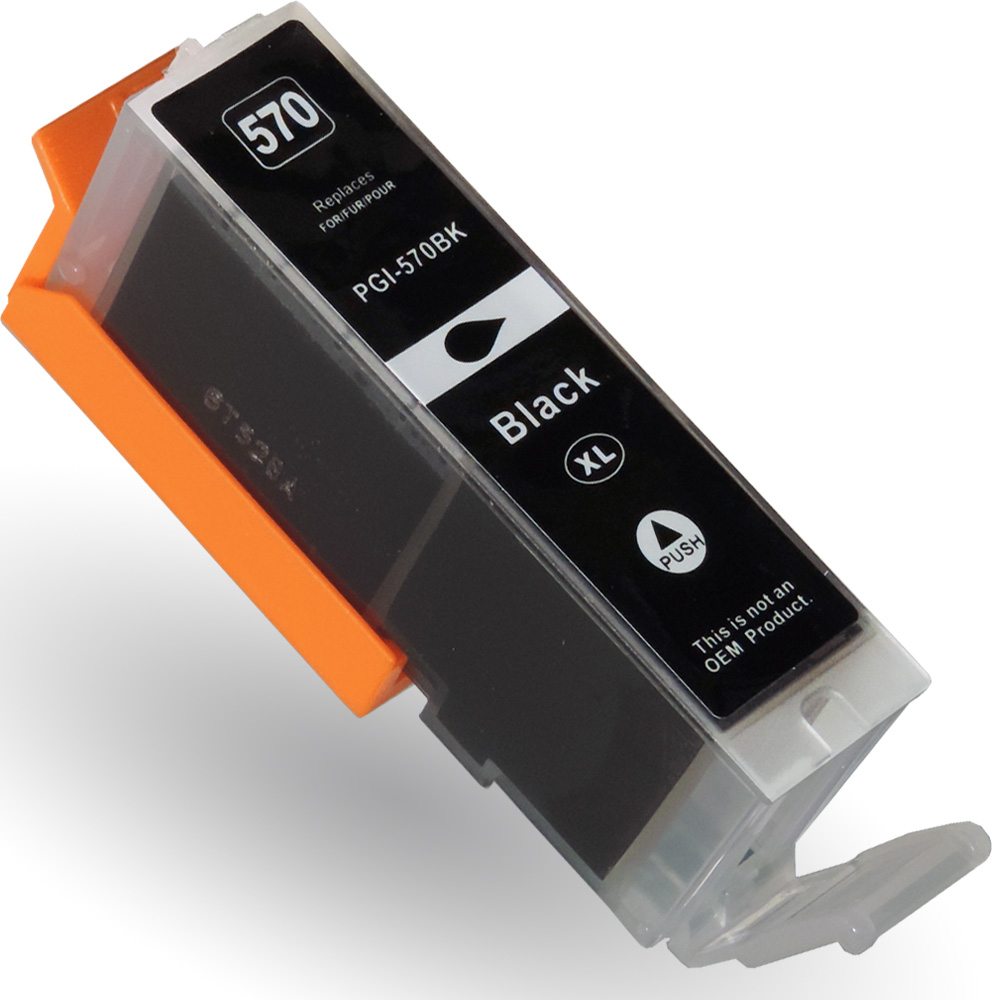 Schwarze Tintenpatrone mit orangefarbenem Halter und weißem Hintergrund.