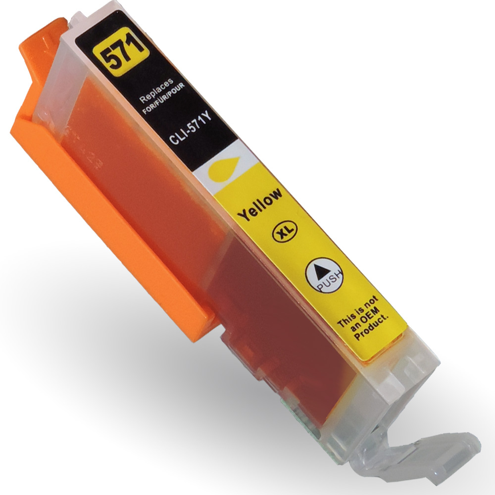 Gelbe Tintenpatrone mit orangefarbenem Halter. Sie ist mit dem Text: 571Y, XL und Gelb beschriftet.