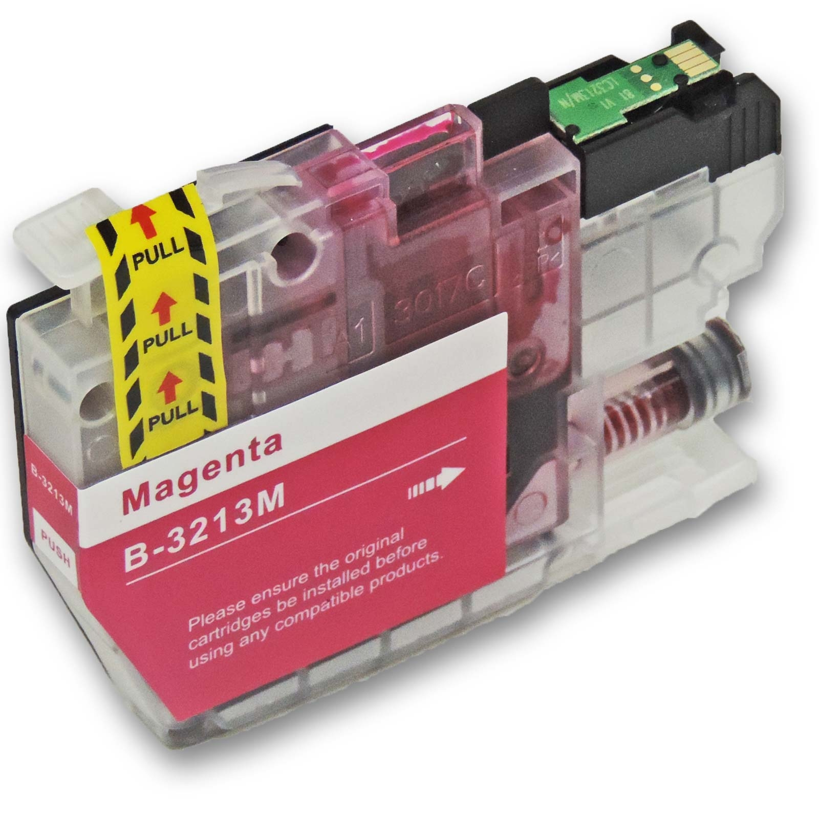 Eine magenta Tintenpatrone mit Etikett und Ziehanweisungen. Die Patrone ist rosa und transparent.