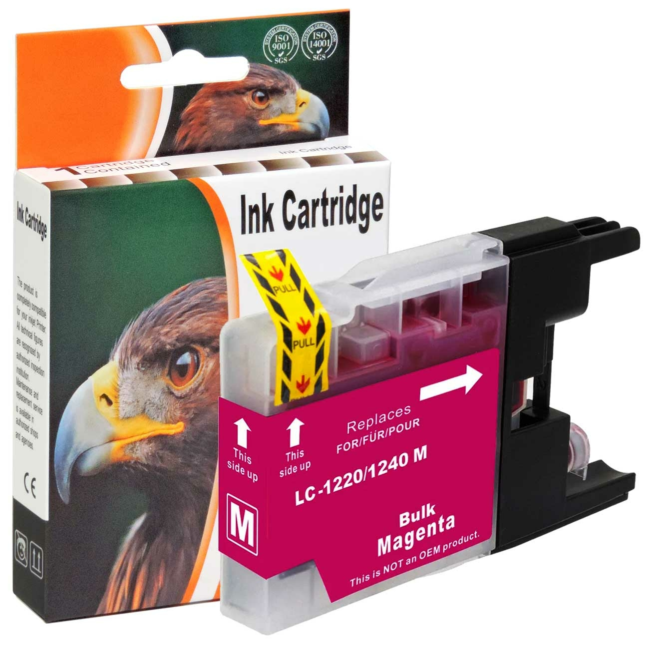 Magenta Tintenpatrone mit Adlerbild. Karton und Patrone sichtbar.