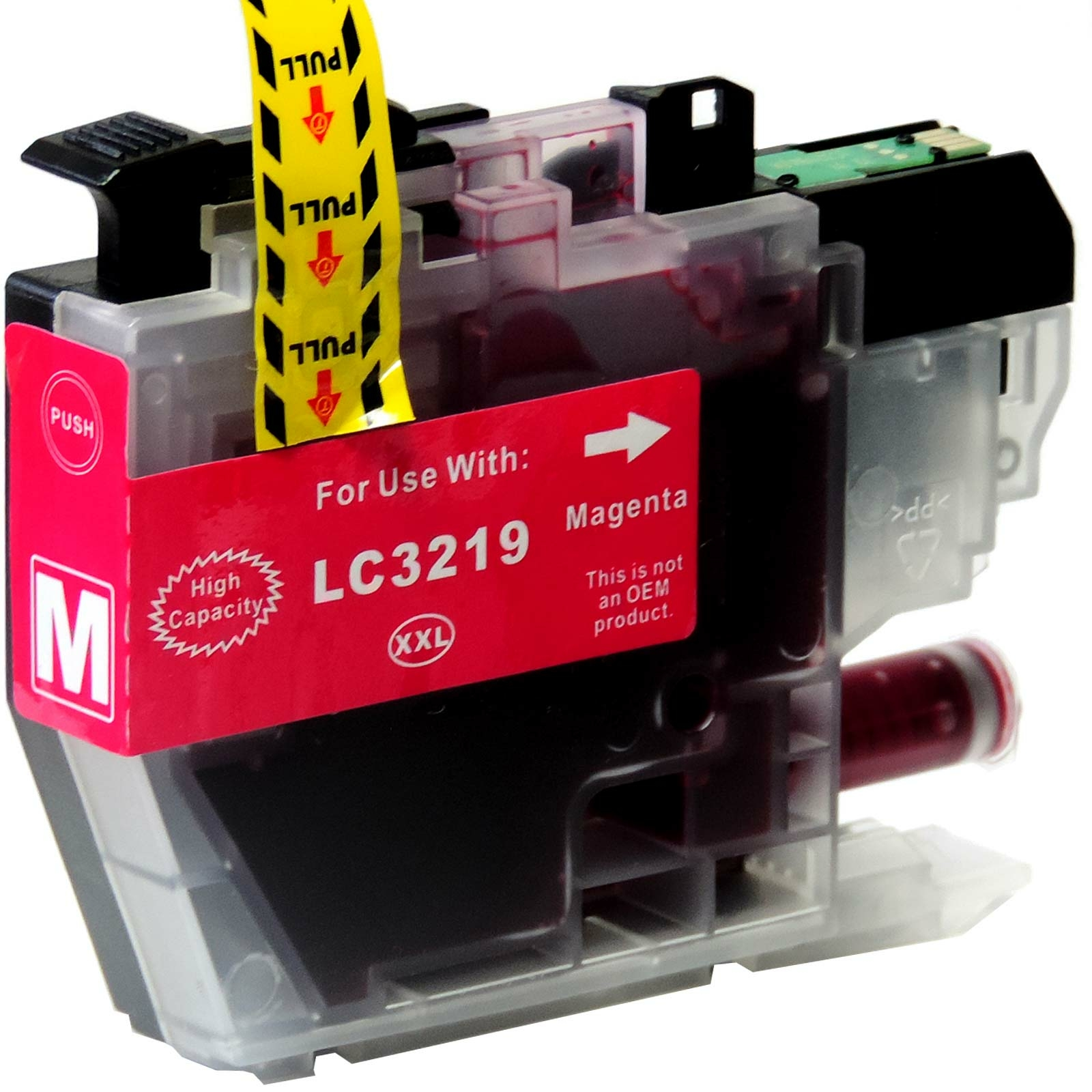 Eine magenta Tintenpatrone mit Aufziehlasche. Auf dem Etikett steht 'LC3219 XXL' und 'Magenta'.