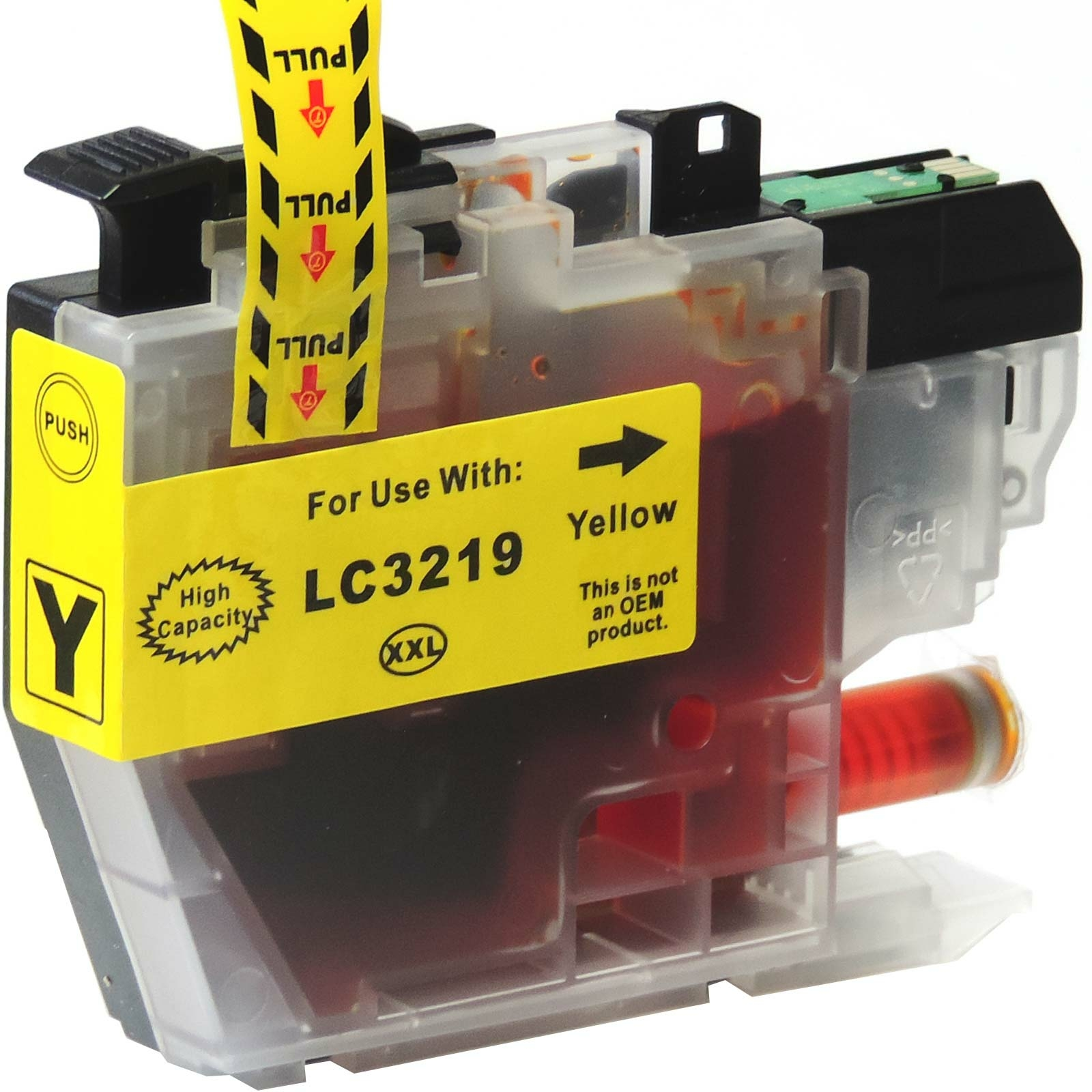 Gelbe Tintenpatrone mit Zuglasche, beschriftet mit 'LC3219' und 'Gelb'. Transparenter Körper mit roter Tinte.
