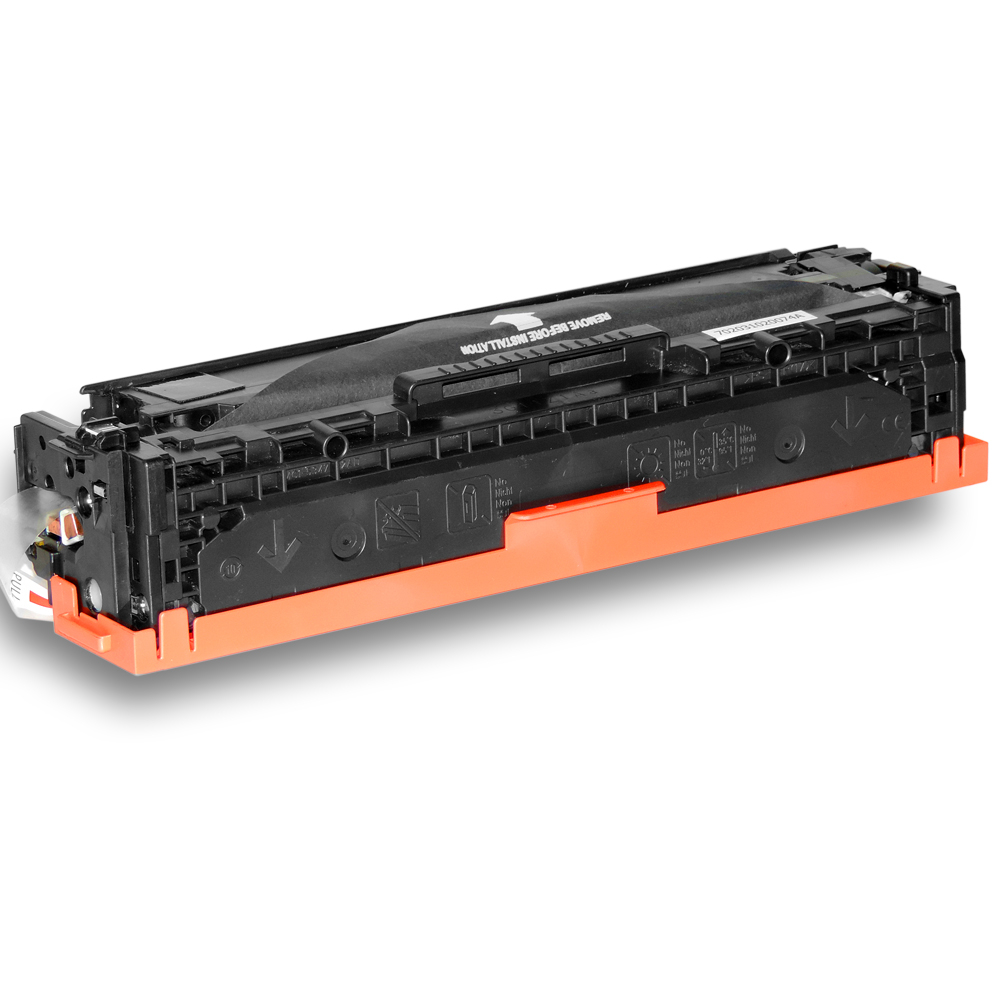 Eine schwarze und orangefarbene Tonerkartusche für einen Drucker, mit dem Etikett 'REMOVE BEFORE INSTALLATION'.