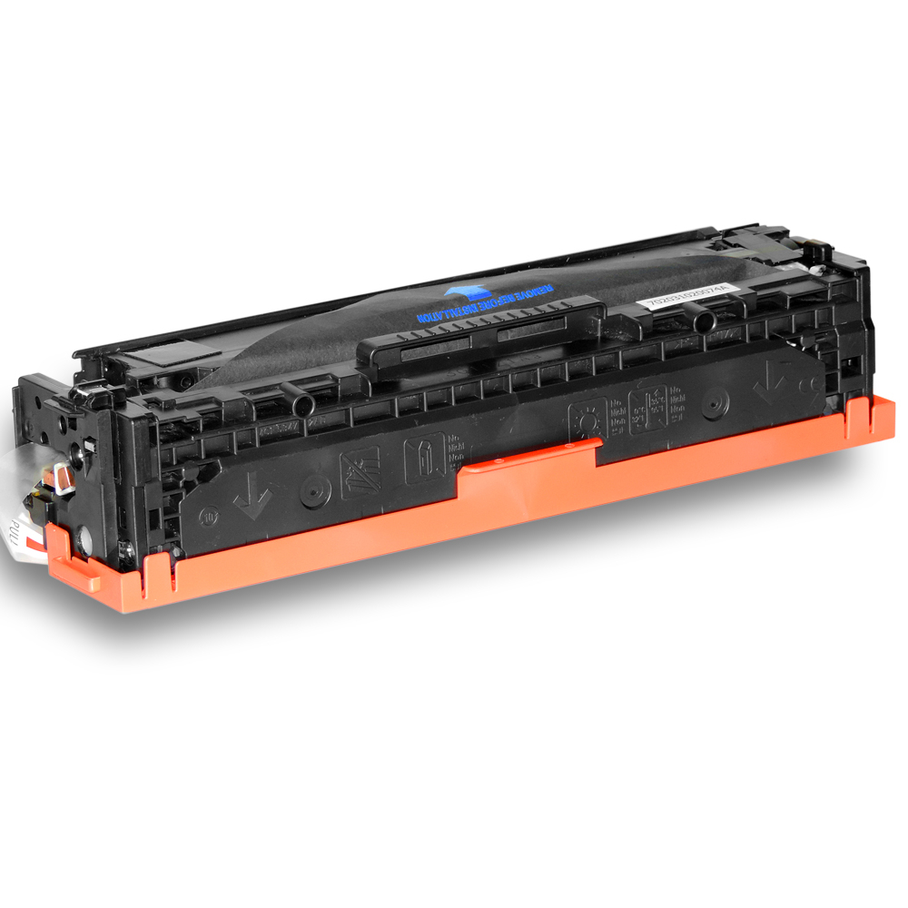 Eine schwarz-orange Tonerkartusche mit Text und Pfeilen, vor weißem Hintergrund.