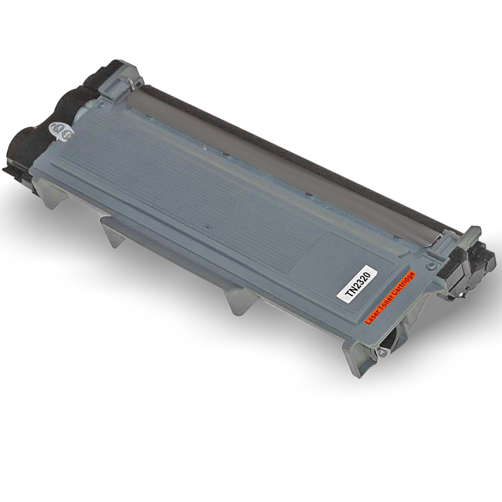 Eine graue Tonerkartusche mit TN2320-Etikett und einem roten Aufkleber mit der Aufschrift 'Laser Toner Cartridge'.