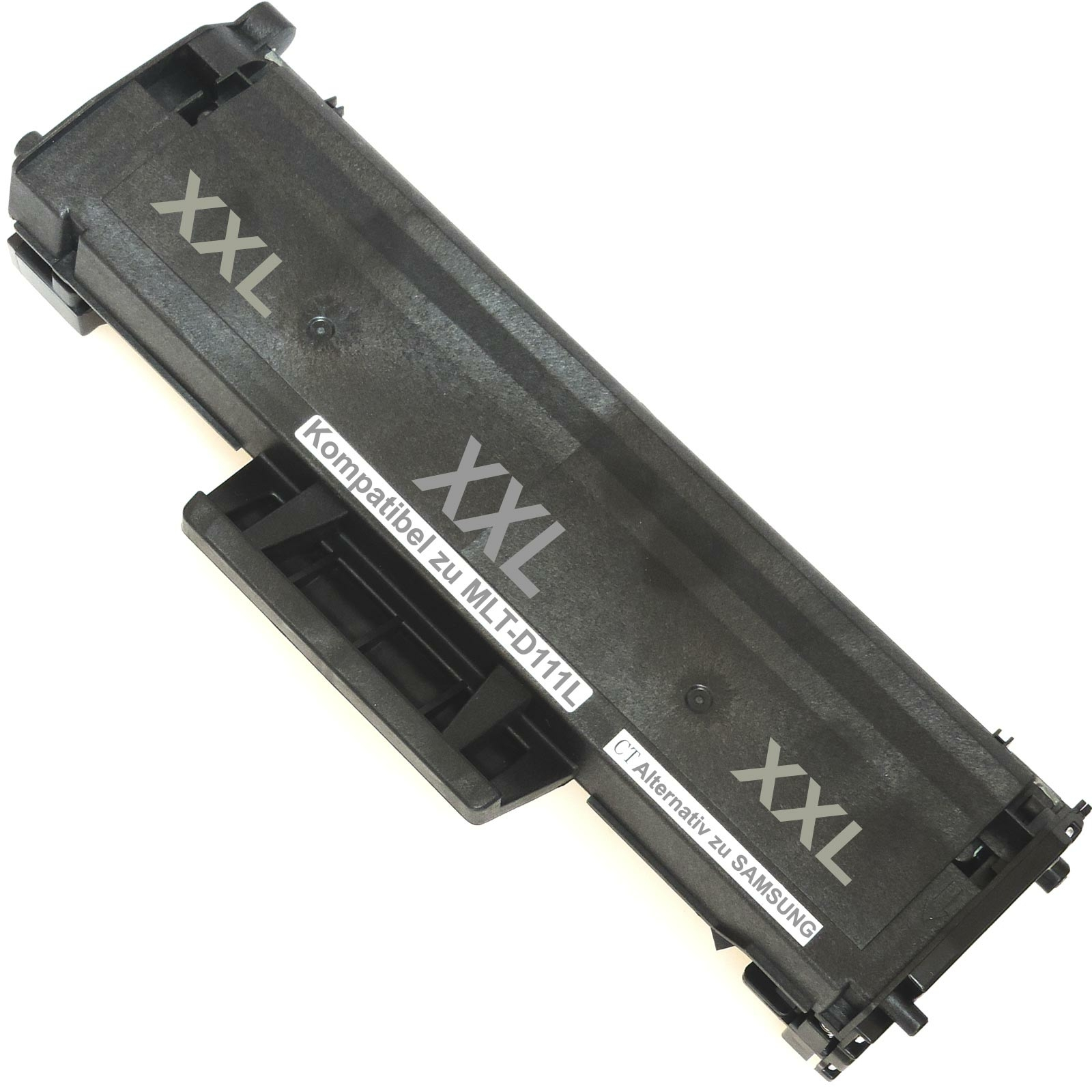 Eine schwarze XXL-Tonerpatrone, mit den Worten 'XXL' darauf, und einem weißen Hintergrund.