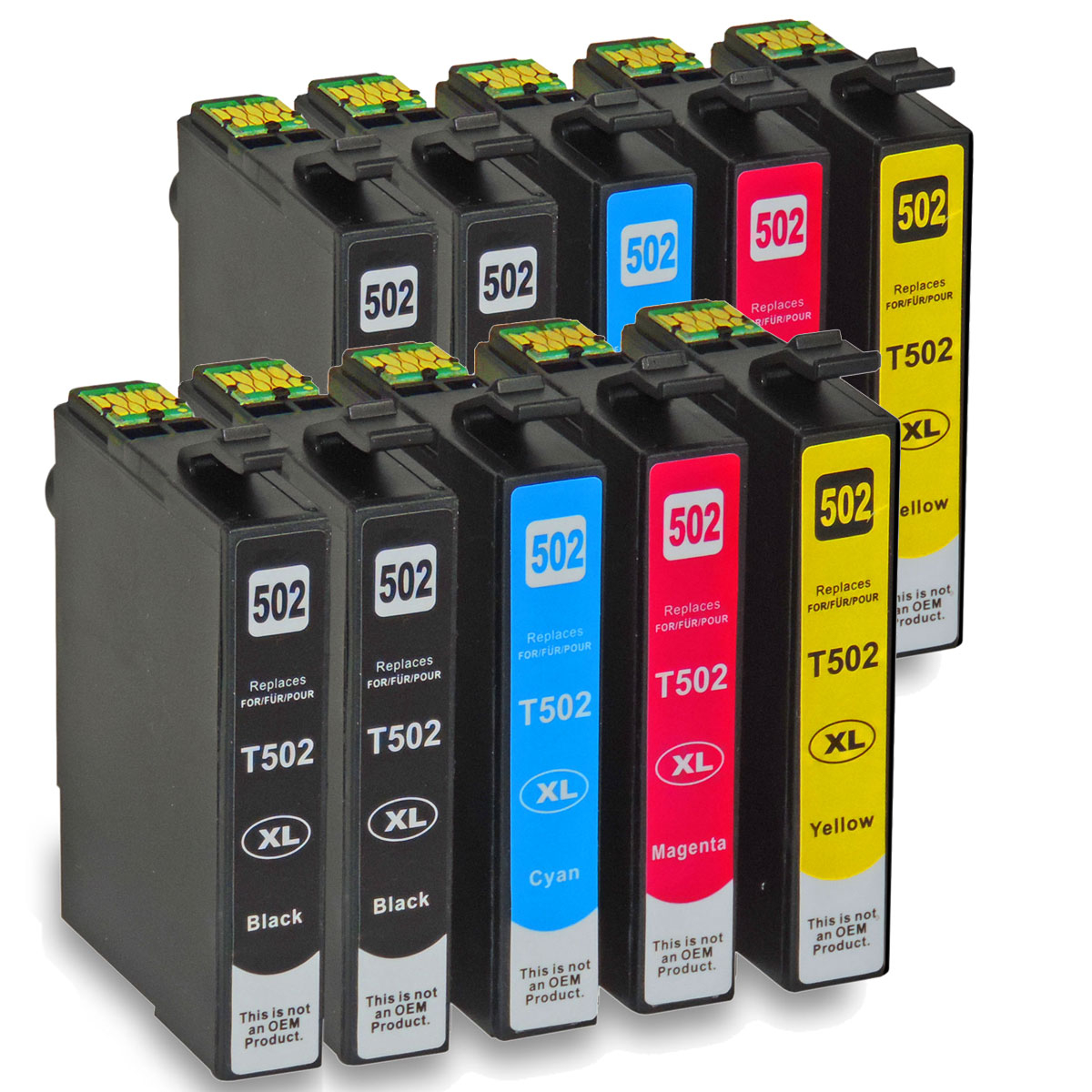 Ein Stapel Tintenpatronen mit Etiketten wie "502", "T502" und "XL". Farben sind Schwarz, Cyan, Magenta, Gelb.