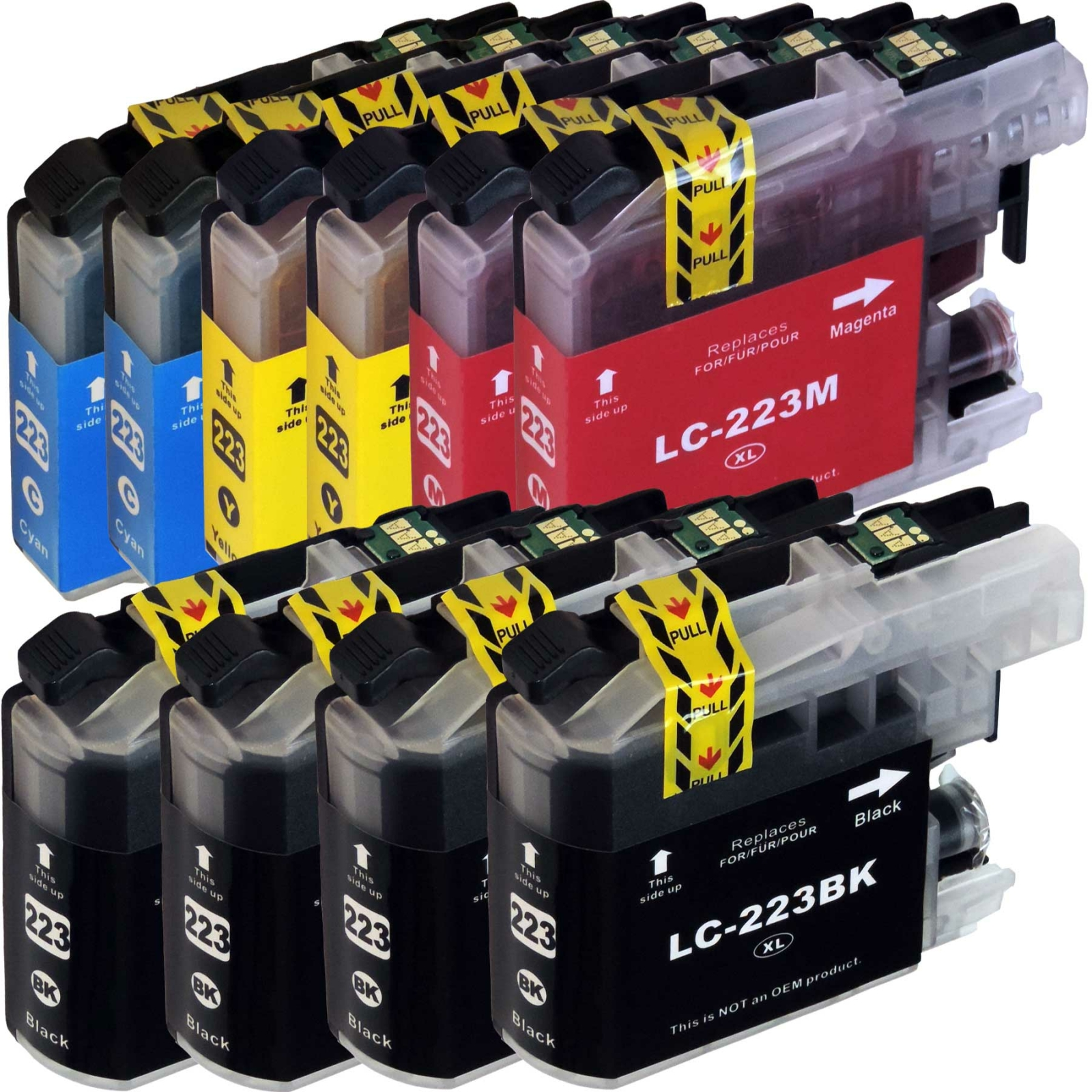 Tintenpatronen in Cyan, Magenta, Gelb und Schwarz. Sie sind für Drucker beschriftet. Einige sind mit XL gekennzeichnet.