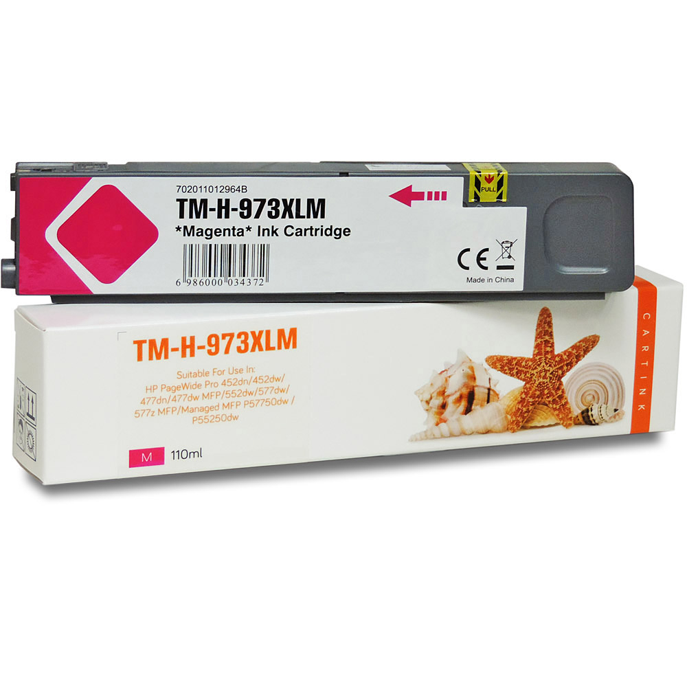 Magentarote Tintenpatrone und Schachtel. Schachtel zeigt Seestern, Muscheln. Patrone hat Lasche.