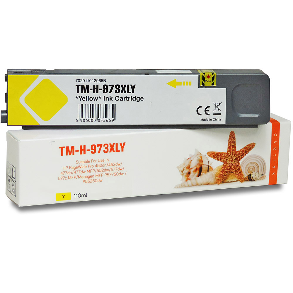 Gelbe Tintenpatrone mit der Bezeichnung TM-H-973XLY, in einer Box mit Text, auf weißem Hintergrund.