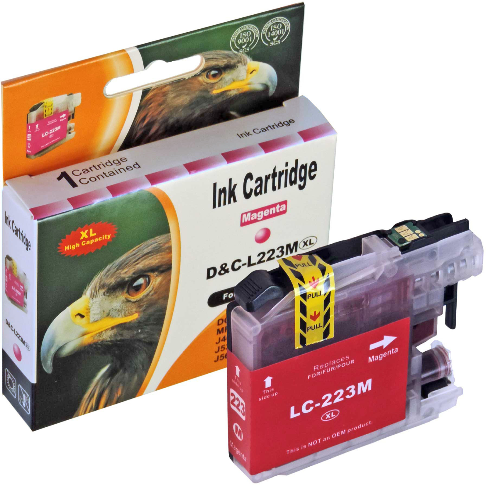 Eine magenta Tintenpatrone mit Verpackung, die ein Vogelbild zeigt. Die Patrone ist rot. Die Verpackung hat Ziehetiketten.