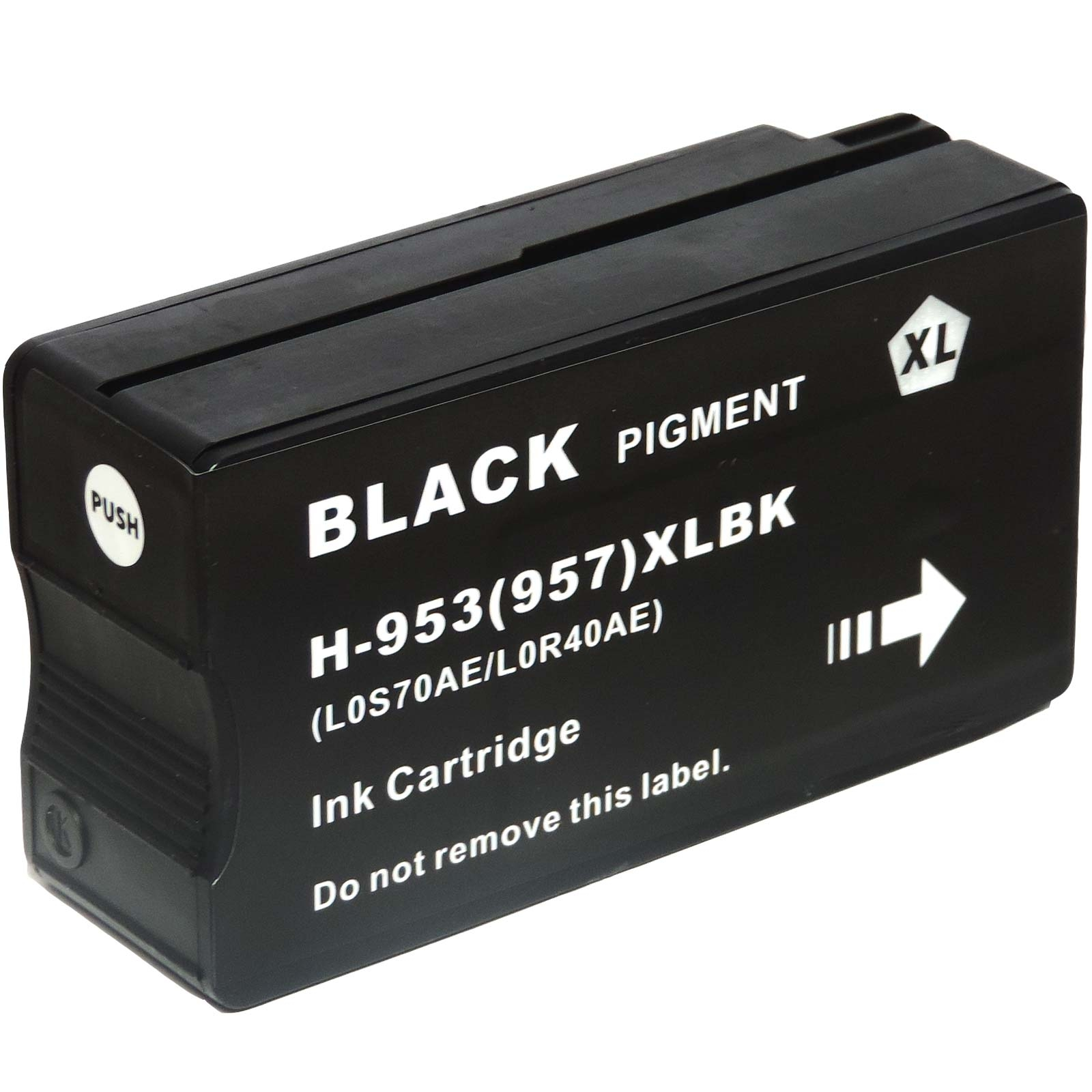 Eine schwarze Tintenpatrone mit der Aufschrift 'BLACK PIGMENT' und 'H-953(957)XLBK' für einen Drucker.