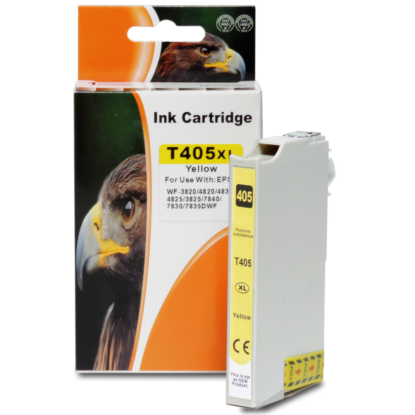 Eine gelbe Tintenpatronenbox mit einem Bild eines Adlers. Die Patrone ist gelb und als T405XL gekennzeichnet.